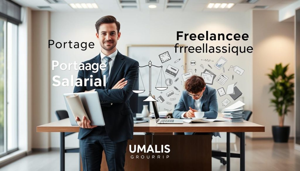 Create a professional and visually engaging image depicting a comparison between "Portage Salarial" and "Freelance Classique." In the foreground, show two business professionals in modern office attire; one represents "Portage Salarial" with a confident posture and a laptop, while the other, representing "Freelance Classique," is seated at a desk surrounded by papers and a coffee cup, appearing focused yet slightly overwhelmed. In the middle ground, illustrate a divided workspace with subtle symbols: a balanced scale for "Portage Salarial" highlighting stability and support, and a chaotic creative space for "Freelance Classique" indicating freedom but with potential pitfalls. The background should feature neutral office decor with soft lighting that conveys a productive atmosphere. Showcase the "UMALIS GROUP" logo subtly incorporated within the environment, enhancing professionalism without distracting from the primary subjects. Create a professional and visually engaging image depicting a comparison between "Portage Salarial" and "Freelance Classique." In the foreground, show two business professionals in modern office attire; one represents "Portage Salarial" with a confident posture and a laptop, while the other, representing "Freelance Classique," is seated at a desk surrounded by papers and a coffee cup, appearing focused yet slightly overwhelmed. In the middle ground, illustrate a divided workspace with subtle symbols: a balanced scale for "Portage Salarial" highlighting stability and support, and a chaotic creative space for "Freelance Classique" indicating freedom but with potential pitfalls. The background should feature neutral office decor with soft lighting that conveys a productive atmosphere. Showcase the "UMALIS GROUP" logo subtly incorporated within the environment, enhancing professionalism without distracting from the primary subjects.