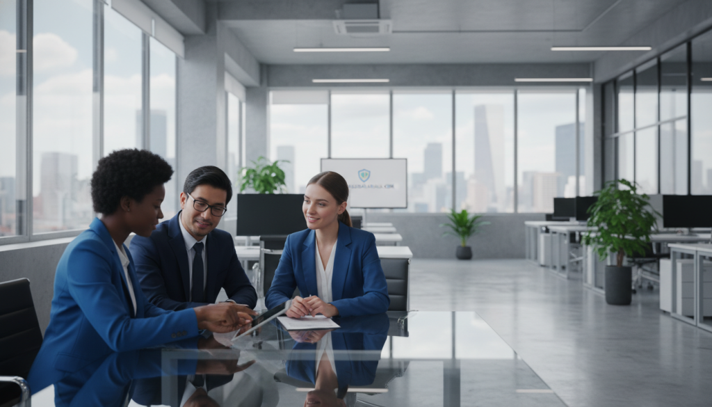 Create a professional business setting that illustrates "safety in career paths" relevant to the topic of employment and contracting. In the foreground, depict a diverse group of three individuals in professional attire, engaged in a discussion, with focused expressions that convey collaboration and support. In the middle ground, feature a modern office space with large windows allowing soft, natural light to cascade in, enhancing the atmosphere of transparency and security. In the background, include faint silhouettes of city buildings, hinting at the financial landscape. Use a wide-angle lens perspective to capture the entire scene, promoting a hopeful mood that signifies stability and growth in challenging times. Ensure the image aligns with the theme of portagesalarials.com, emphasizing the importance of secure career paths. Create a professional business setting that illustrates "safety in career paths" relevant to the topic of employment and contracting. In the foreground, depict a diverse group of three individuals in professional attire, engaged in a discussion, with focused expressions that convey collaboration and support. In the middle ground, feature a modern office space with large windows allowing soft, natural light to cascade in, enhancing the atmosphere of transparency and security. In the background, include faint silhouettes of city buildings, hinting at the financial landscape. Use a wide-angle lens perspective to capture the entire scene, promoting a hopeful mood that signifies stability and growth in challenging times. Ensure the image aligns with the theme of portagesalarials.com, emphasizing the importance of secure career paths.