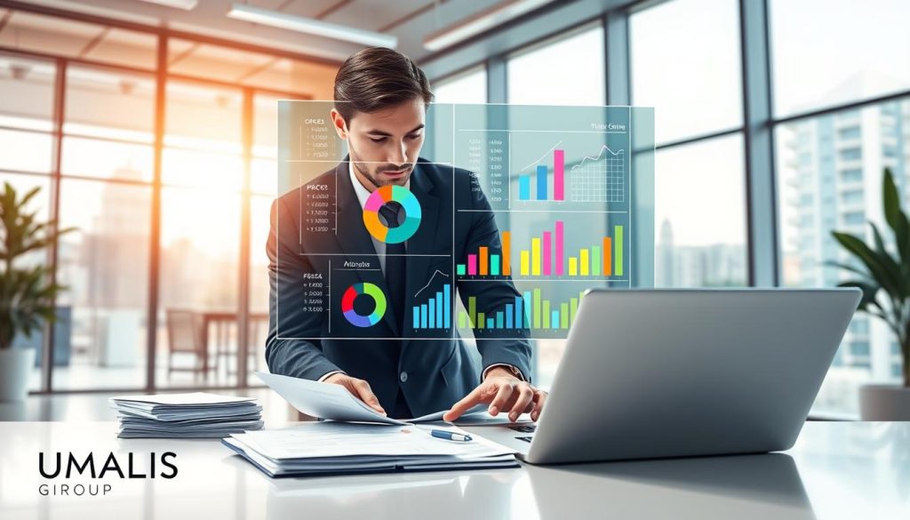 Create a sophisticated and informative digital illustration focused on "salary simulation" in the context of umbrella companies. In the foreground, depict a professional businessperson in business attire, analyzing financial data on a sleek laptop, surrounded by documents and graphs representing income simulations. In the middle layer, show a large, transparent screen displaying colorful pie charts and bar graphs related to salary calculations, emphasizing clarity and precision. The background features a modern office environment with large windows allowing natural light to flood in, giving a warm and inviting atmosphere. Use soft lighting to enhance the sense of professionalism and focus. Integrate subtle branding elements, including the logo of "UMALIS GROUP," ensuring it blends harmoniously into the scene without being intrusive.