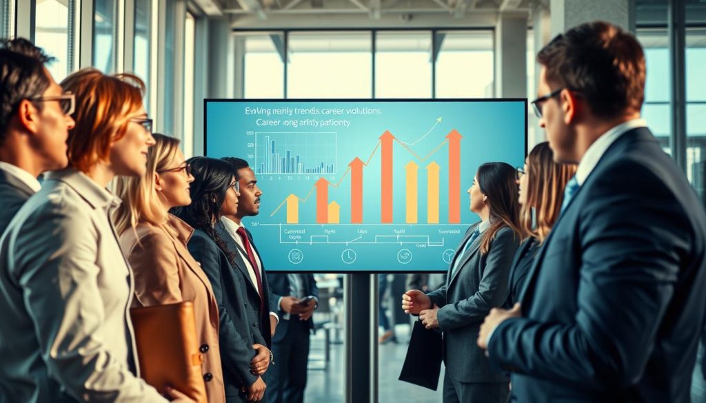 Create a visually engaging representation of the concept of "adapting one’s career path to market evolution." In the foreground, depict a diverse group of business professionals, both men and women, dressed in professional attire, engaged in a dynamic discussion around a large digital screen displaying evolving market trends and career development paths. In the middle ground, incorporate symbols like upward arrows and branching pathways made from clear data graphics. The background should feature a modern office space with large windows allowing natural light to flood in, casting soft shadows. Use a wide-angle lens perspective to enhance the depth of the scene, giving it a vibrant and optimistic atmosphere that reflects growth, adaptation, and collaboration.