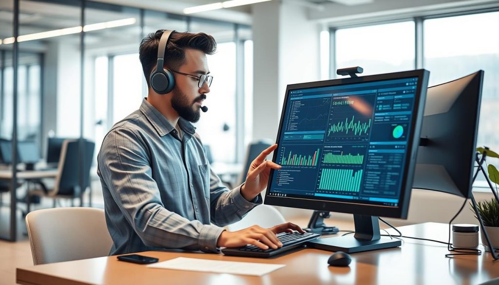 Create an image of a cybersecurity expert using assessment tools on a computer.