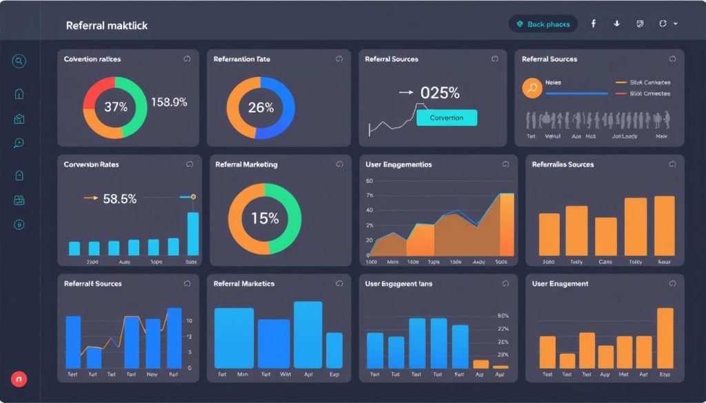 Create an image of a dashboard showing various referral marketing metrics and tracking features.