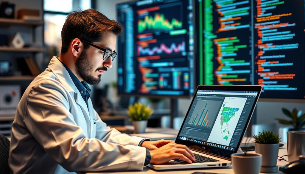 Create an image of a data scientist working on a project using a development environment on their laptop.