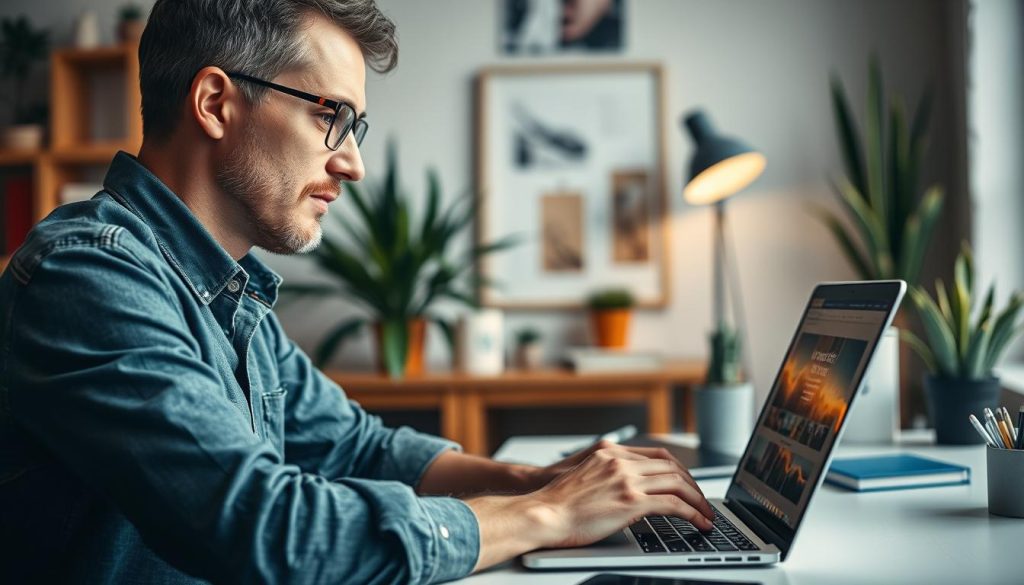 Create an image of a freelancer choosing a platform for their portfolio on a laptop