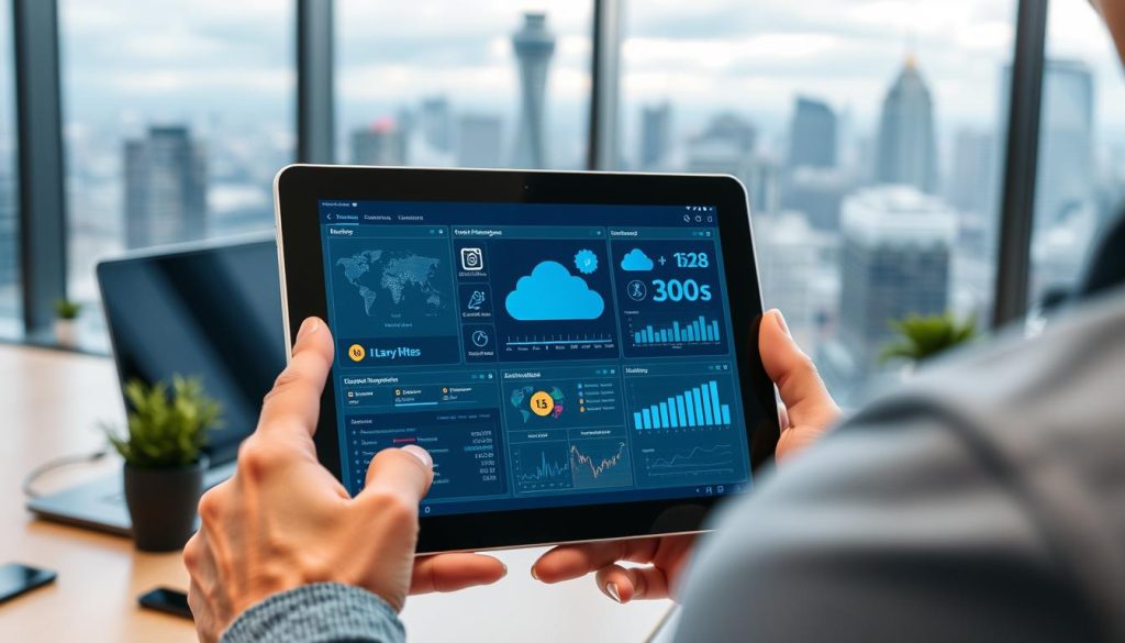 Create an image of a freelancer managing cloud infrastructure on a tablet.