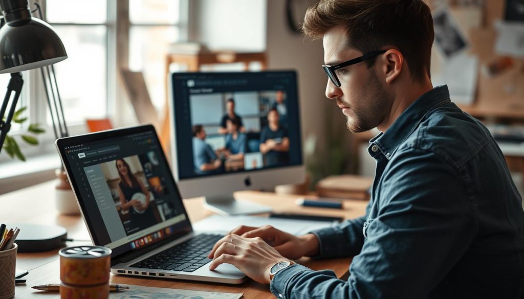 Create an image of a freelancer working on a project, with a portfolio displayed on a laptop screen.
