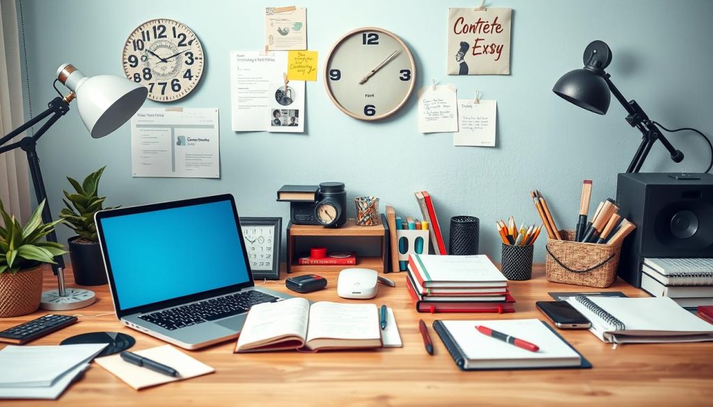 Create an image of a freelancer's workspace with various content marketing tools on the desk.