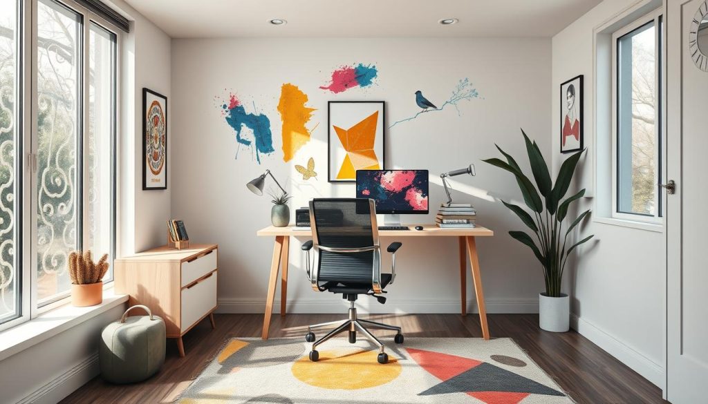 Create an image of a modern home office with a desk, chair, and computer.