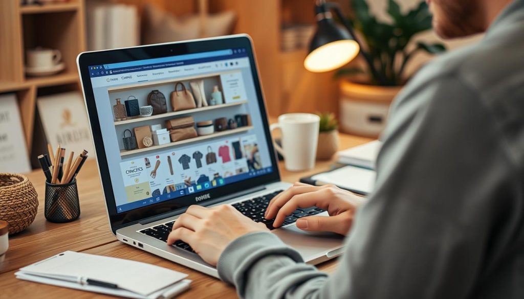 Create an image of a person setting up an online store on a laptop with various products displayed on the screen.