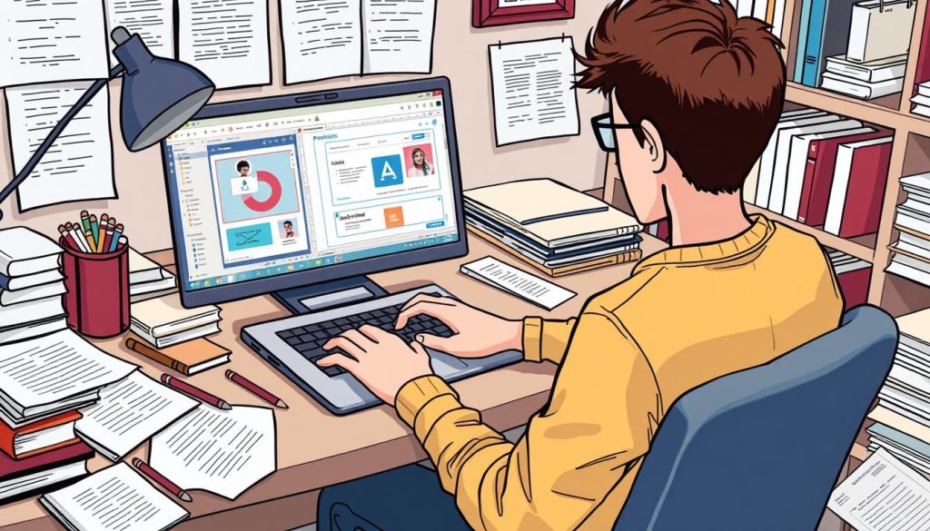 Create an image of a person sitting at a desk with a laptop, surrounded by books and notes, with a digital product being created on the screen.