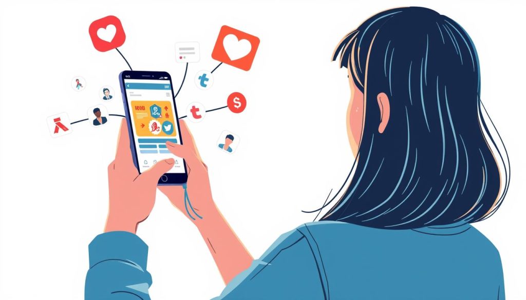 Create an image of a person using a smartphone to access various social media platforms, with a website on the screen.