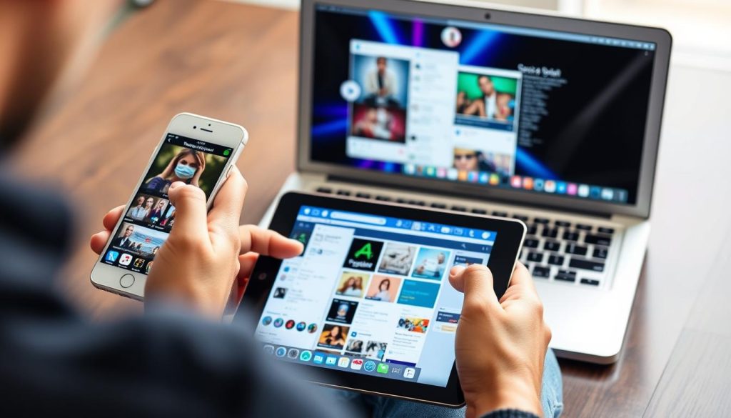 Create an image of a person using different social media platforms on various devices.