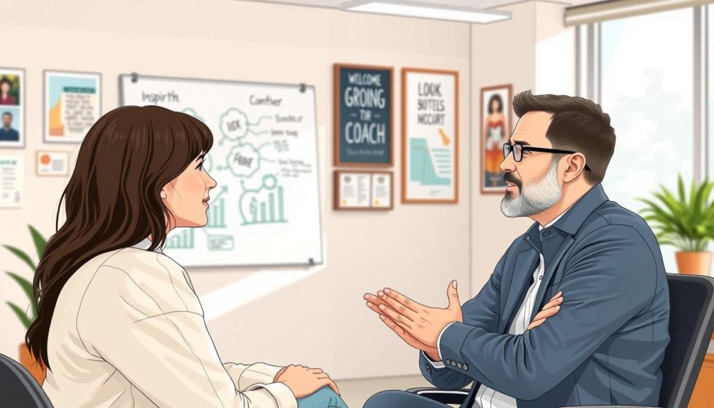 Create an image of a professional coach mentoring a client