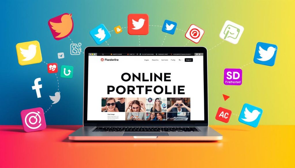 Create an image of a professional online portfolio on a laptop screen with social media icons and SEO keywords surrounding it.