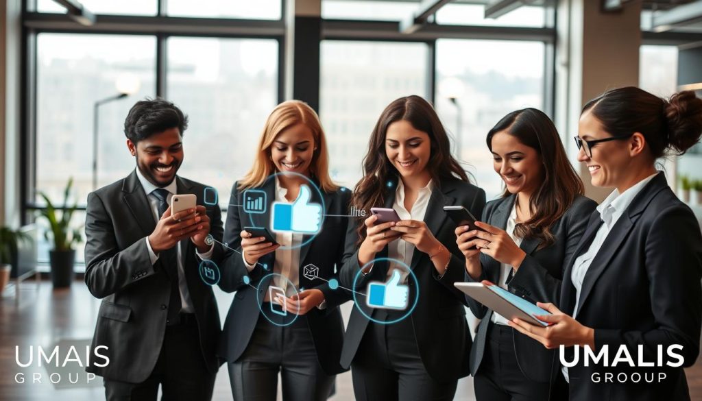 Create an image representing "social proof on social media" for the theme of professional expertise. In the foreground, show a diverse group of four professionals in smart business attire, engaging with their smartphones and laptops, smiling and sharing content. In the middle ground, display social media icons and engagement metrics like likes and shares visually emanating from their devices, creating a dynamic blend of modern technology. The background should feature an office environment with contemporary design elements and natural light flowing through large windows, casting soft shadows. Use a wide-angle lens perspective to enhance depth and create an inviting atmosphere. The mood should be uplifting and collaborative, capturing the essence of optimizing visibility and social proof for independent professionals. Include a subtle logo of "UMALIS GROUP" in the corner, ensuring it blends harmoniously. Create an image representing "social proof on social media" for the theme of professional expertise. In the foreground, show a diverse group of four professionals in smart business attire, engaging with their smartphones and laptops, smiling and sharing content. In the middle ground, display social media icons and engagement metrics like likes and shares visually emanating from their devices, creating a dynamic blend of modern technology. The background should feature an office environment with contemporary design elements and natural light flowing through large windows, casting soft shadows. Use a wide-angle lens perspective to enhance depth and create an inviting atmosphere. The mood should be uplifting and collaborative, capturing the essence of optimizing visibility and social proof for independent professionals. Include a subtle logo of "UMALIS GROUP" in the corner, ensuring it blends harmoniously.