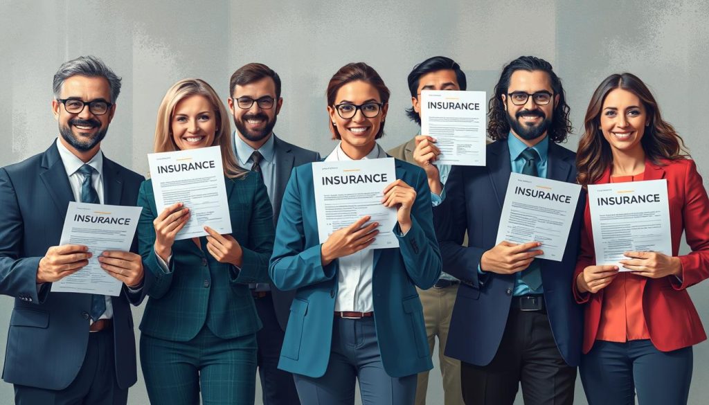 Création d'une image représentant différents professionnels avec des polices d'assurance
