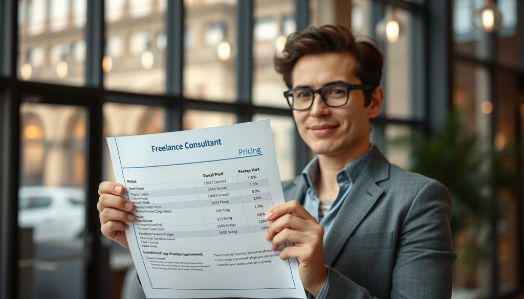 Création d'une image représentant un consultant en portage salarial avec un document de tarification transparent
