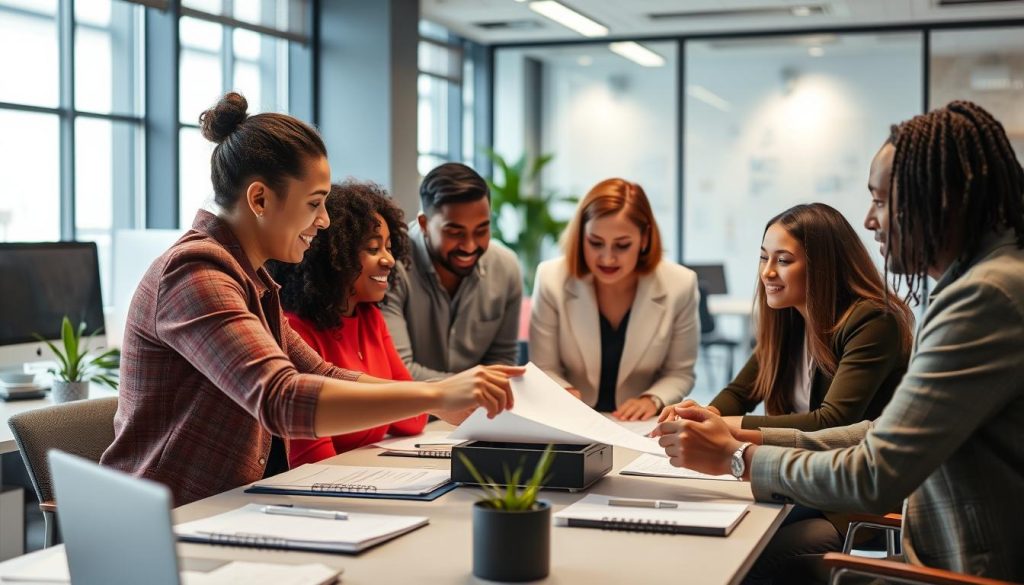 Créer une image représentant une équipe d'entreprise travaillant ensemble sur un projet innovant