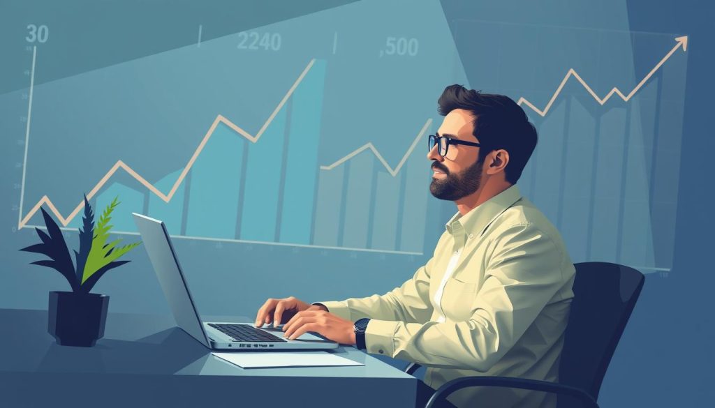 Créez une image représentant un consultant indépendant travaillant sereinement avec un fond de graphiques et de chiffres, symbolisant la sécurité et la flexibilité.