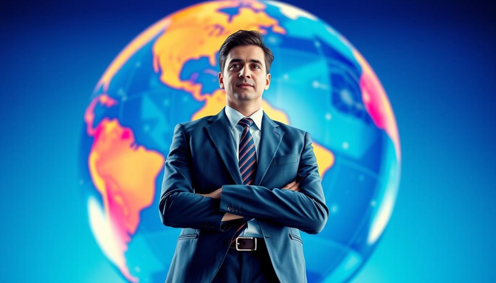 Créez une image représentant un consultant international avec un globe terrestre en arrière-plan, symbolisant la portée mondiale du portage salarial.