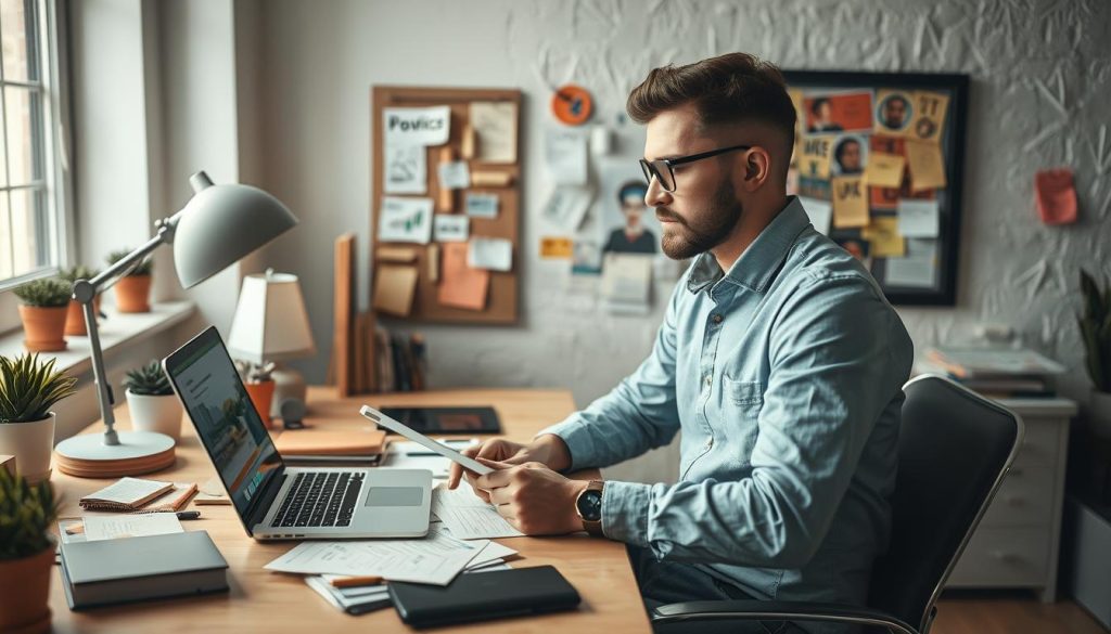 Créez une image représentant un entrepreneur en train de travailler sur son projet d'entreprise