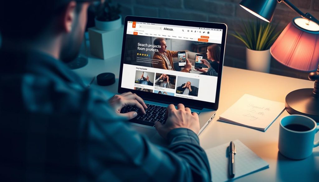 Créez une image représentant un freelance en train de chercher des missions sur son ordinateur.
