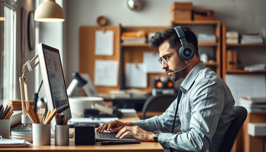 Créez une image représentant un professionnel en train de travailler de manière autonome