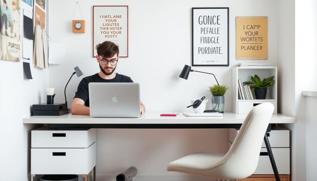 Créez une image représentant un professionnel indépendant travaillant sur son ordinateur avec un environnement de travail organisé.