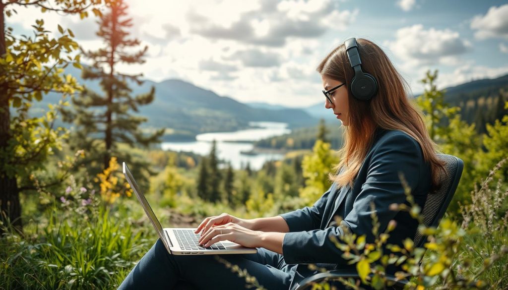 Créez une image représentant un professionnel travaillant à distance dans un cadre idyllique.