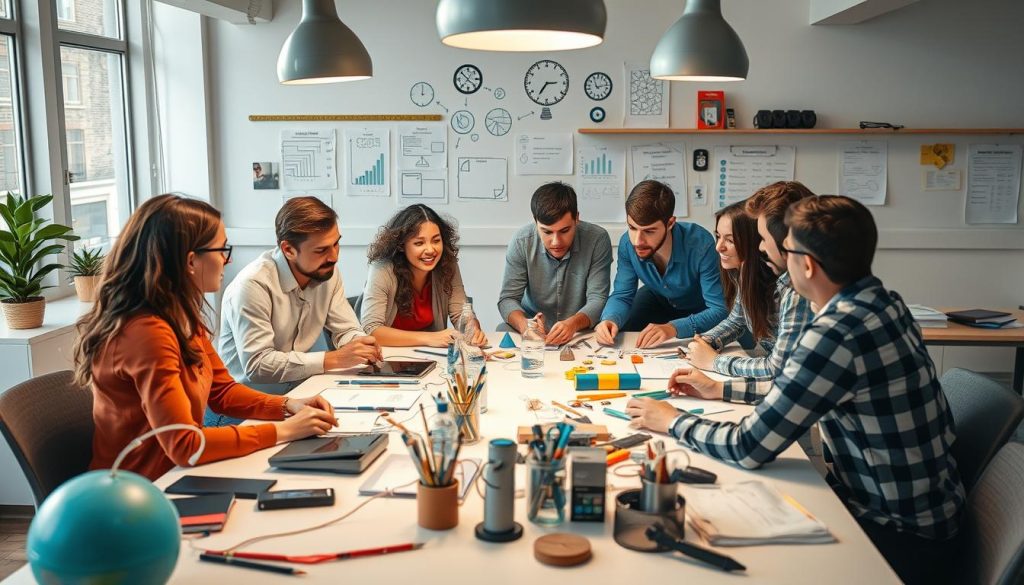 Créez une image représentant une équipe de collaborateurs brainstormant autour d'une table avec des outils d'innovation