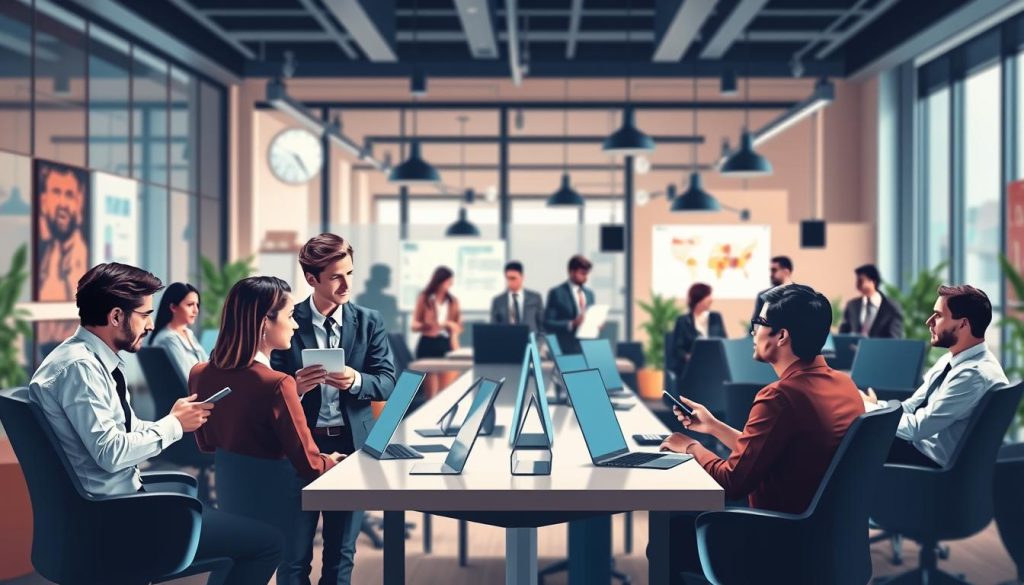 Créez une image représentant une société de portage salarial avec des consultants et des entreprises clientes.