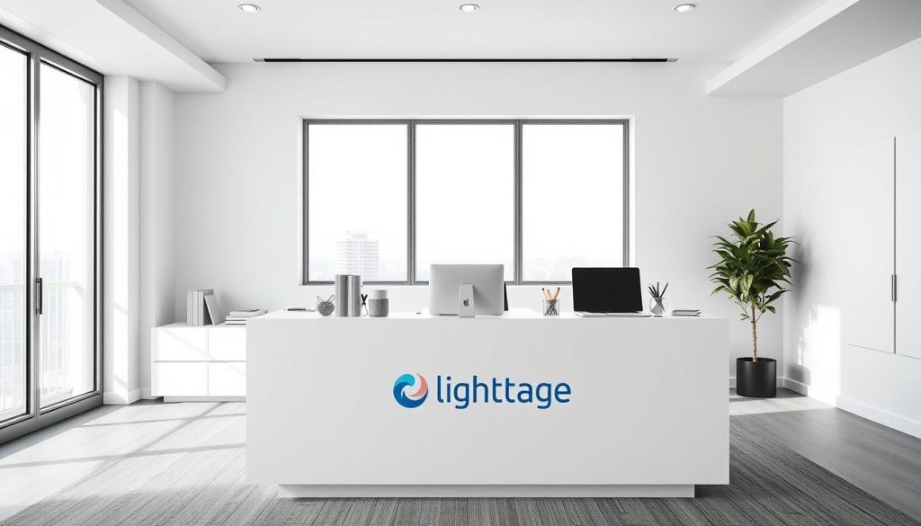 Crisp, clean-lined office setting with a modern, minimalist aesthetic. In the foreground, a sleek, white desk featuring the "Light Portage" logo prominently displayed. Atop the desk, an array of office supplies and a laptop computer, all neatly arranged. The middle ground showcases a large, floor-to-ceiling window, allowing natural light to flood the space and create a warm, inviting atmosphere. In the background, a neutral-toned wall with subtle texturing, adding depth and visual interest. The overall mood is one of professionalism, efficiency, and a focus on the essential criteria for choosing a reliable "portage salarial" service provider.