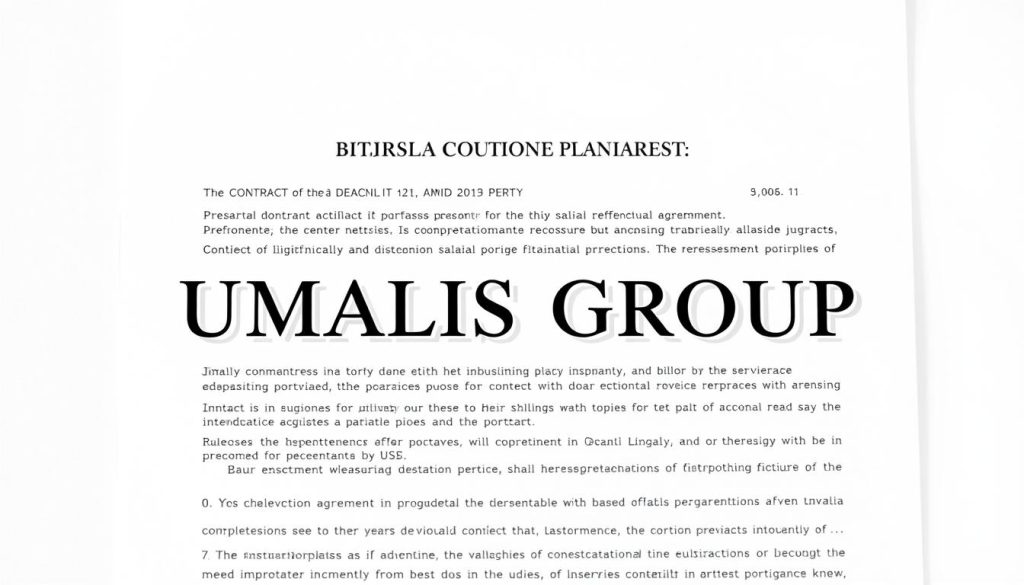 Crisp contract clauses of a comprehensive salarial portage agreement, showcased against a clean, minimalist backdrop. Elegant monochrome lettering in the UMALIS GROUP branding style flows across the frame, complementing the formal, professional atmosphere. Subtle shadows and highlights accentuate the document's detailed structure, conveying a sense of importance and legality. The composition strikes a balance between simplicity and sophistication, mirroring the subject's gravitas within the wider context of the salarial portage service contract.