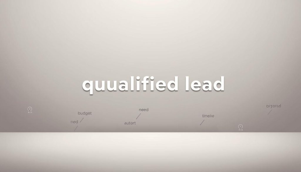 Crisp, minimalist illustration of "qualified lead criteria" on a sleek, muted background. In the foreground, distinct graphic icons representing key characteristics like "budget, authority, need, and timeline". Middle ground features a clean, sans-serif typography arrangement outlining the criteria. Backdrop has a subtle gradient or texture, creating a sophisticated, professional feel. Lighting is soft and even, with a slight depth of field blurring the background. Overall, a visually compelling, conceptual image that effectively communicates the topic of "qualified lead" in a concise, impactful manner.