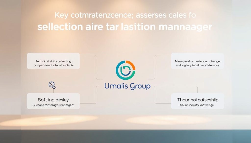 Crisp, professional-looking illustration of the key competencies and expertise criteria for selecting a strong transition manager. Set against a clean, minimalist backdrop with soft shadows and warm lighting. The foreground features neatly organized icons and text blocks representing technical skills, managerial experience, change leadership, and industry knowledge. The middle ground showcases a central Umalis Group logo, conveying the subject's corporate context. The background is subtly blurred, maintaining focus on the core information. Overall, a visually polished, conceptual image that effectively communicates the article's topic.