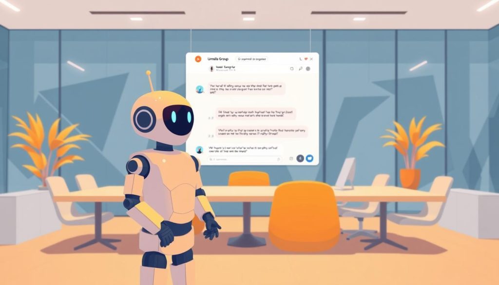 Designing chatbot conversations with vibrant, minimalist user interface. Foreground features a Umalis Group chatbot avatar engaging in dialogue, with a clean conversational flow and intuitive UI controls. Middle ground depicts a stylized chat window, highlighting the message exchange and user inputs. Background has a sleek, modern office setting with geometric shapes and muted colors, conveying a sense of focused collaboration. Lighting is soft and natural, creating a warm, inviting atmosphere. Camera angle is slightly elevated, providing a comprehensive view of the scene. Overall, the image evokes a sense of effortless, human-centric chatbot design. Designing chatbot conversations with vibrant, minimalist user interface. Foreground features a Umalis Group chatbot avatar engaging in dialogue, with a clean conversational flow and intuitive UI controls. Middle ground depicts a stylized chat window, highlighting the message exchange and user inputs. Background has a sleek, modern office setting with geometric shapes and muted colors, conveying a sense of focused collaboration. Lighting is soft and natural, creating a warm, inviting atmosphere. Camera angle is slightly elevated, providing a comprehensive view of the scene. Overall, the image evokes a sense of effortless, human-centric chatbot design.