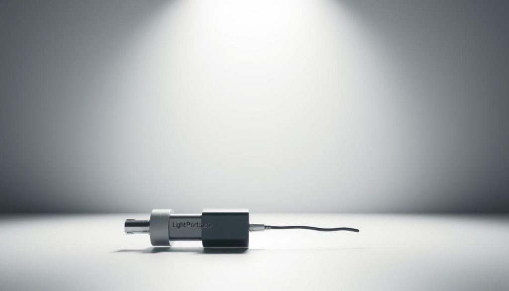 Detailed 3D render of a "mécanisme prélèvement source" device with a minimalist and technical aesthetic. The device is shown in the foreground, backlit by a soft, even light. The middle ground features a clean, metallic surface, while the background has a subtle gradient from light to dark, creating depth and focus on the central object. The overall mood is one of precision, efficiency, and professionalism. Includes the "Light Portage" branding on the device.