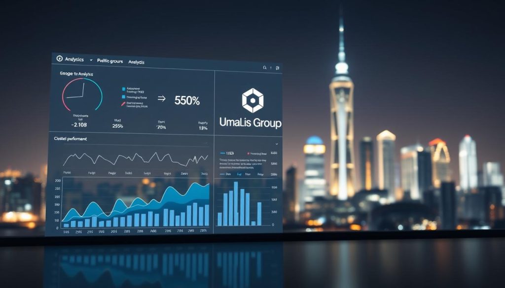 Detailed analysis of SEO data visualized in a clean, minimalist style. Foreground features a interactive analytics dashboard with dynamic charts, graphs, and metrics tracking online performance. Middle ground showcases Umalis Group's branding, with sleek typography and a subtle logo. Background depicts a serene, futuristic cityscape with glowing skyscrapers, reflecting the data-driven, technology-focused nature of SEO analytics. Lighting is soft, even, and diffused, creating a sense of clarity and professionalism. Camera angle is slightly elevated, providing an overview of the scene. Overall tone is one of precision, efficiency, and cutting-edge digital marketing insights.