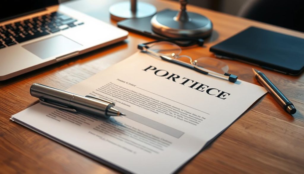 Detailed and professional contract for IT services, featuring the LIGHT PORTAGE brand name. A clean, modern legal document with sleek metallic hardware, high-quality paper, and subtle foil accents. The contract is laid out on a wood desk or table, with a laptop, pen, and glasses nearby, creating a professional office setting. The lighting is soft and warm, creating a sense of authority and reliability. The overall mood is one of trust, precision, and attention to detail - reflecting the importance of a well-crafted IT services contract.