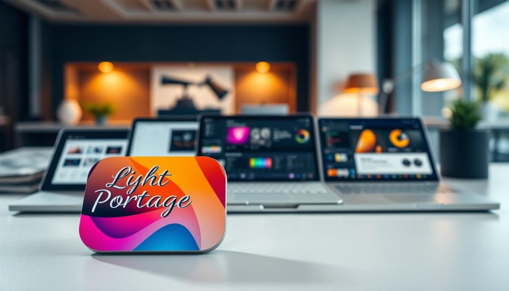 Detailed and visually striking graphic design apps for creative professionals, artfully arranged on a sleek, minimalist desk setup. In the foreground, the "Light Portage" app icon stands out, its elegant typography and vibrant color palette drawing the eye. The middle ground features a selection of other design tools, each with distinct interfaces and functionality, arranged in a harmonious composition. The background showcases a subtly blurred, sophisticated office environment, with warm lighting and a sense of focus and productivity. The overall scene evokes a mood of creative inspiration and technological empowerment, suitable for the "Exploring Niche Tools for Creative and Design Projects" section.