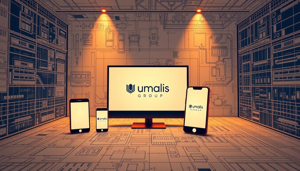 Detailed architectural blueprint of a responsive web design layout, showcasing an intuitive grid system and adaptive UI elements. The scene is depicted in a clean, minimalist style with a focus on geometric shapes and lines. The composition features a central screen displaying the Umalis Group logo, surrounded by mobile devices of various sizes demonstrating the design's responsiveness. Warm, directional lighting accentuates the sleek, modern aesthetic, creating depth and emphasizing the technical precision of the layout. The overall mood conveys a sense of functionality, professionalism, and technological sophistication.