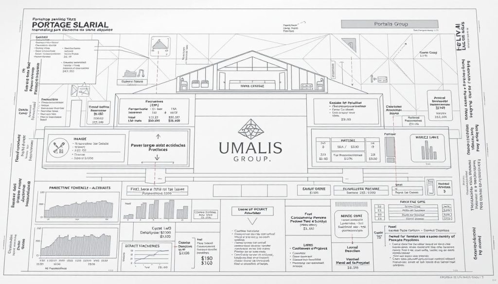 Detailed architectural blueprint of a sophisticated tax filing process, showcasing the intricate financial calculations and regulations surrounding "portage salarial" for independent professionals. Rendered in a sleek, minimalist style with clean lines and muted tones. Foreground depicts a series of numerical charts and data visualizations, highlighting key considerations like deductions, tax rates, and compliance requirements. Middle ground features a stylized representation of the Umalis Group logo, symbolizing the advisory services offered. Background layers a geometric pattern evocative of financial ledgers, creating a sense of structure and organization. Diffused lighting casts a professional, authoritative atmosphere, conveying the gravity and importance of the subject matter.