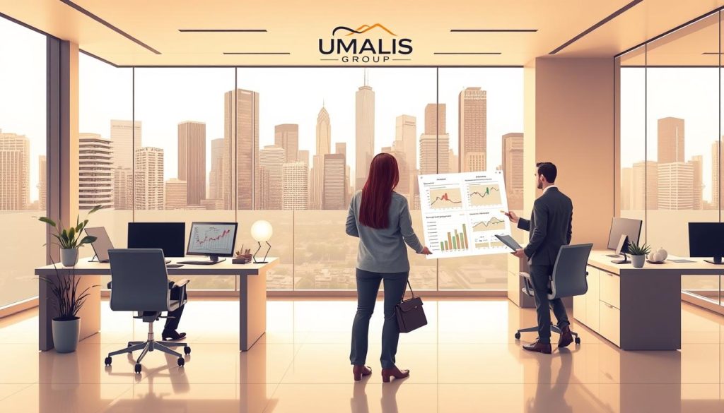 Detailed architectural illustration of an efficient fiscal optimization strategy for salaried workers, featuring the UMALIS GROUP logo. In the foreground, a financial advisor guides a client through a holistic plan, with charts and graphs highlighting tax savings. The middle ground showcases a modern, minimalist office setting with sleek desks and clean lines. In the background, an urban cityscape with towering skyscrapers symbolizes the growth potential of the optimized fiscal approach. Warm, diffused lighting creates a professional, yet approachable atmosphere. Rendered in a realistic, high-resolution style to convey the gravity and importance of the subject matter.