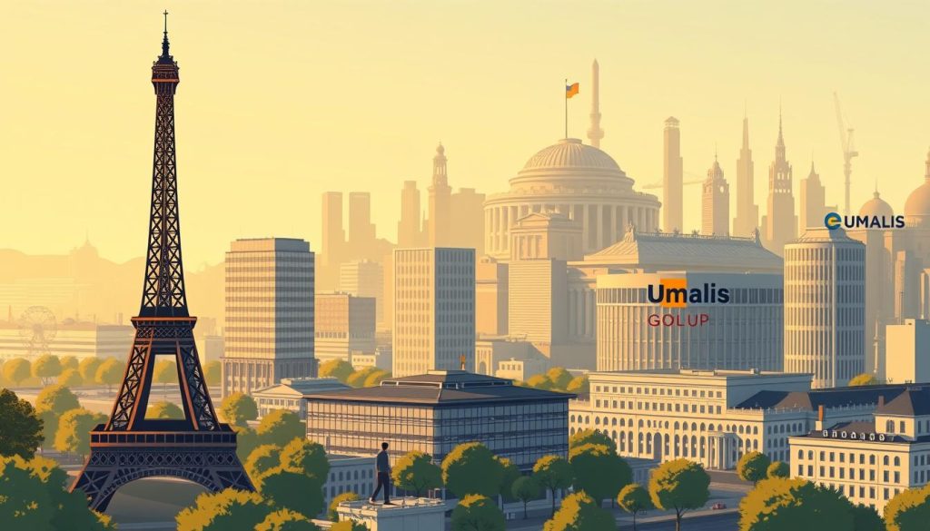 Detailed architectural landscape showcasing the intricate regulatory framework governing data protection in France and Europe. In the foreground, the iconic Eiffel Tower stands tall, symbolizing the nation's technological prowess. In the middle ground, modern office buildings with sleek, glass facades represent the corporate realm, while in the background, the silhouettes of the European Parliament and other influential institutions loom, casting a shadow of compliance and oversight. The scene is illuminated by a warm, golden light, conveying a sense of stability and authority. Umalis Group's logo is discreetly integrated into the architectural elements, highlighting their expertise in navigating the complex regulatory landscape. Detailed architectural landscape showcasing the intricate regulatory framework governing data protection in France and Europe. In the foreground, the iconic Eiffel Tower stands tall, symbolizing the nation's technological prowess. In the middle ground, modern office buildings with sleek, glass facades represent the corporate realm, while in the background, the silhouettes of the European Parliament and other influential institutions loom, casting a shadow of compliance and oversight. The scene is illuminated by a warm, golden light, conveying a sense of stability and authority. Umalis Group's logo is discreetly integrated into the architectural elements, highlighting their expertise in navigating the complex regulatory landscape.
