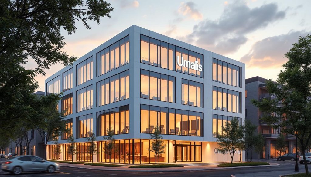 Detailed architectural rendering of a modern office building with a contemporary, minimalist design. The building features clean lines, large windows, and a sleek, glass facade. The structure is situated in a vibrant urban setting, surrounded by trees and other modern structures. Warm, diffused lighting illuminates the scene, creating a serene and professional atmosphere. The Umalis Group logo is prominently displayed on the building's facade. The image captures the advantages of "portage salarial" for architecture professionals, showcasing the versatility and flexibility of this employment model.