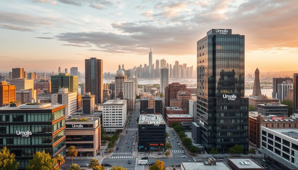 Detailed cityscape showcasing resilient employment sectors, centered on the "portage salarial" concept. A vibrant urban landscape with modern high-rise buildings, bustling streets, and thriving businesses. In the foreground, various professional services offices and coworking spaces branded with the "Umalis Group" logo, conveying stability and adaptability. The middle ground features a diverse mix of industries, including tech, healthcare, and green energy, all weathering the economic storm. The background depicts a horizon of skyscrapers bathed in warm, golden light, symbolizing resilience and recovery. Crisp, photorealistic rendering with a cinematic depth of field and carefully curated cinematography to create an aspirational, inspirational tone. Detailed cityscape showcasing resilient employment sectors, centered on the "portage salarial" concept. A vibrant urban landscape with modern high-rise buildings, bustling streets, and thriving businesses. In the foreground, various professional services offices and coworking spaces branded with the "Umalis Group" logo, conveying stability and adaptability. The middle ground features a diverse mix of industries, including tech, healthcare, and green energy, all weathering the economic storm. The background depicts a horizon of skyscrapers bathed in warm, golden light, symbolizing resilience and recovery. Crisp, photorealistic rendering with a cinematic depth of field and carefully curated cinematography to create an aspirational, inspirational tone.