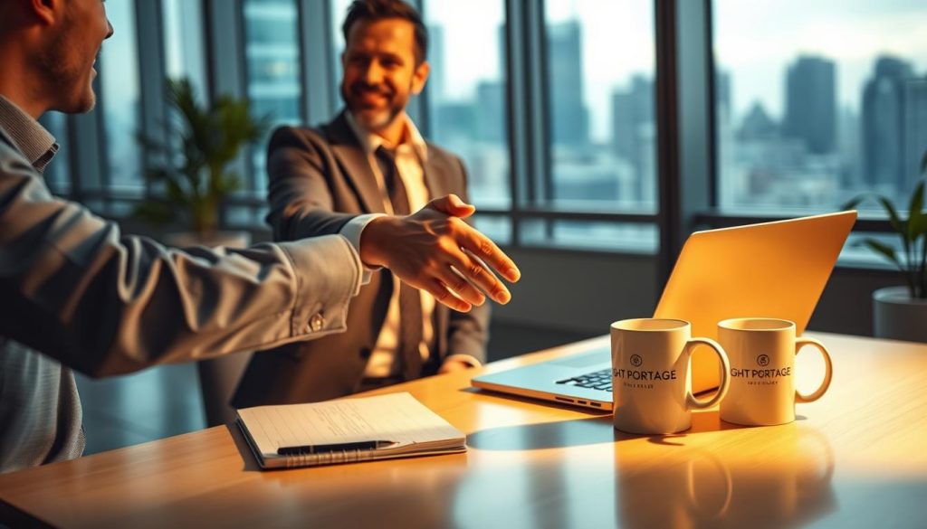 Detailed client relationship management scene in a contemporary office space. The foreground features a businessman shaking hands with a client, conveying a sense of trust and professionalism. The middle ground showcases a modern desk with a laptop, notepad, and a branded "LIGHT PORTAGE" coffee mug, hinting at the tools and processes involved in managing client relationships. The background depicts floor-to-ceiling windows overlooking a cityscape, creating a sophisticated and well-appointed atmosphere. Warm, directional lighting illuminates the scene, casting subtle shadows and highlights to emphasize the interactions and details. The overall mood is one of collaborative partnership and effective client management.