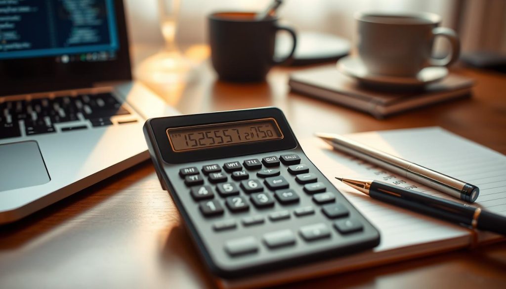 Detailed close-up of a freelance software developer's daily billing rate, showcased on a minimalist LIGHT PORTAGE desk setup. Warm, natural lighting illuminates a neatly organized workspace with a laptop, notebook, and pen. The focus is on a calculator displaying a calculated hourly rate, conveying the careful consideration and professionalism involved in determining one's freelance pricing. The overall mood is one of thoughtful organization and financial responsibility.
