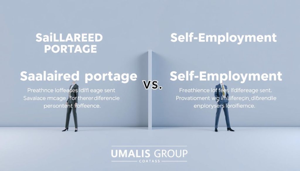 Detailed comparison of professional statuses, showcasing the key differences between salaried portage and self-employment. A dynamic, well-organized composition with a clean, modern aesthetic. Sleek 3D illustrations of both employment models against a minimalist, gradient backdrop. Elegant typography presenting the comparison in a clear, informative manner. The UMALIS GROUP brand prominently displayed, conveying authority and expertise on this topic.