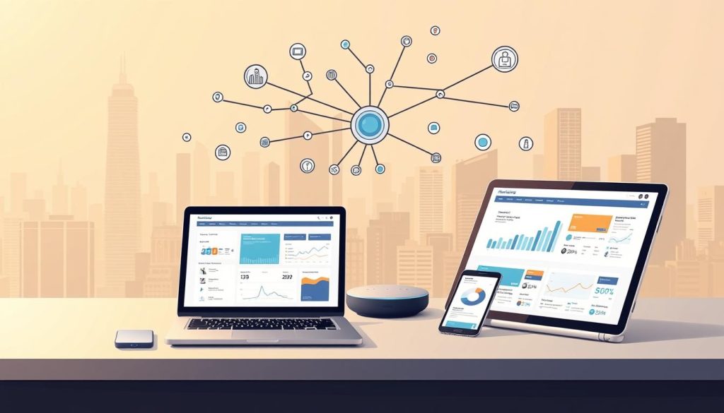 Detailed digital acquisition tools depicted in a realistic, high-resolution image. In the foreground, a laptop, a tablet, and a smartphone are arranged on a sleek, minimalist desk, their screens showcasing various customer acquisition apps and analytics dashboards. In the middle ground, a network of connected devices, including smart speakers, wearables, and IoT sensors, illustrate the integrated, cross-channel nature of modern customer acquisition strategies. The background features a stylized cityscape, hinting at the global, ubiquitous nature of digital customer acquisition. Warm, directional lighting and a muted color palette convey a sense of professionalism and efficiency, capturing the essence of harnessing digital tools for customer growth.